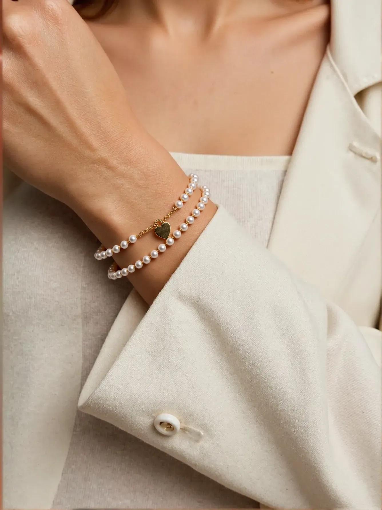 Gold Heart Charm & Pearl Bracelet